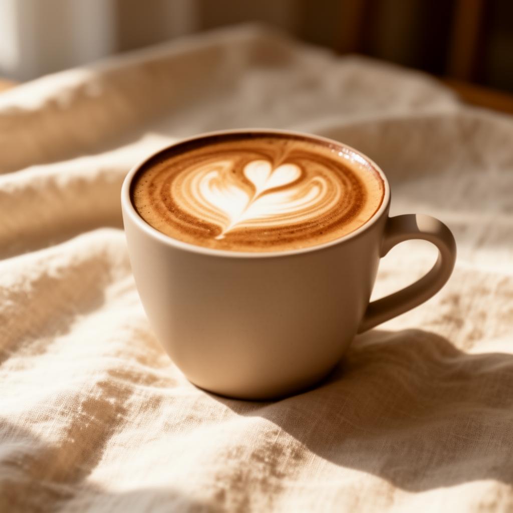 Cangkir latte premium dengan latte art di atas kain linen krem